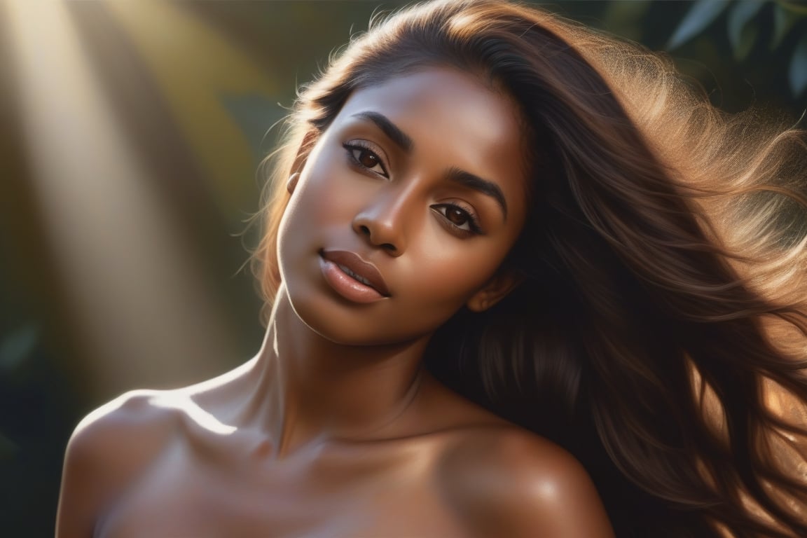 A hyper-realistic painting of a beautiful, brown-skinned woman with long, brown hair falling over her shoulders as she poses naked outdoors. Her gaze meets the viewer directly as her dark skin glistens in the sunlight. The image emphasises her lips and upper body against a background reminiscent of a captivating photograph, with details such as the play of light and shadows.