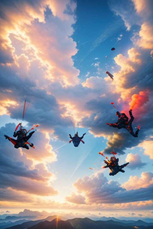 10 -15 people parachuting The visual may include a group of skydivers capturing the moment of an exciting jump. A wide landscape in the sky, clouds, and a stage atmosphere illuminated by the light of the sun can be projected. The free fall positions of parachutists at the time of jump and their transformation into gliders with opened parachutes can create a lively and dynamic image. The action of aircraft and other paratroopers may also be shown in the background. The colors and composition used in the image can emphasize the fluidity and grace of the paratroopers' movements while creating an exciting atmosphere. While this visual conveys the exciting experience of parachute athletes to the audience, it also reflects the adrenaline-filled nature of this sport.