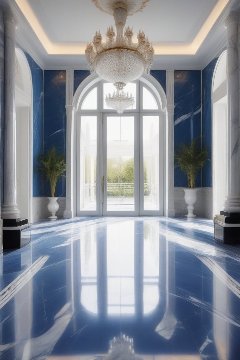 A large living room. The floors are made of eye-catching blue and white marble. Masterpiece, high quality, best quality, authentic, super detail, interior, daylight, (WHITE WALL), (((right corridor)), tiled floor, glass door, mirror-covered column, an ostentatious chandelier, windows letting in light from the floor Dining table in the middle for 8 people

