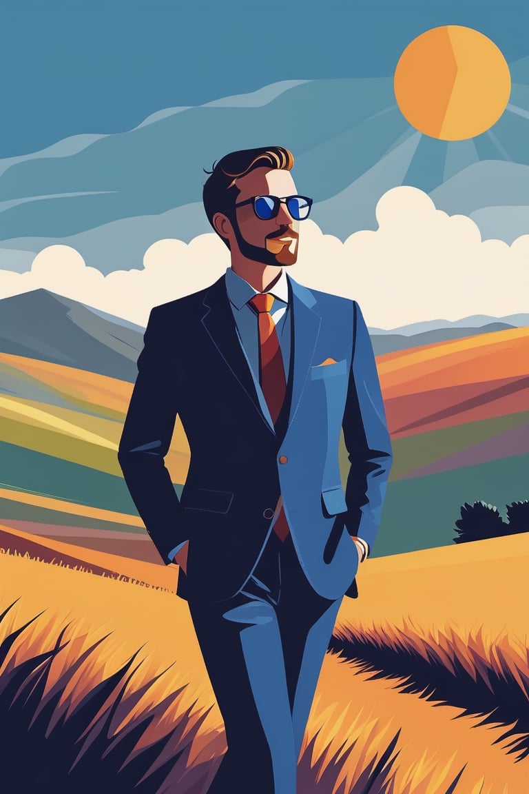 Shadow flat vector art masterpiece best quality a man wearing a blue suit with a slightly stubble beard in the sun field with glasses hazel eyes behind him high hills sun above bright colors clear weather etc.