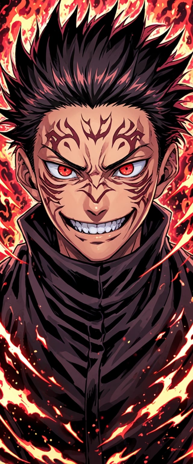 solo, looking at viewer, smile, short hair, black hair, red eyes, 1boy, jacket, upper body, pink hair, male focus, teeth, grin, black jacket, tattoo, facial mark, spiked hair, magic, evil smile, aura, undercut, facial tattoo, extra eyes, itadori yuuji, ryoumen sukuna \(jujutsu kaisen\)