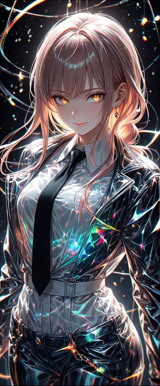 A stunning image of Makima from Chainsaw Man. The framing is letterboxed, emphasizing her captivating gaze. Soft lighting highlights the curves of her long hair, which falls between her eyes and frames her closed-mouth smile. She wears a black VFX jacket with a white shirt underneath, adorned with transparent and opaque effects. Her braided ponytail and sidelocks add to the overall allure. Her yellow eyes sparkle with subtle intensity as she looks directly at the viewer. The formal attire, including a collared shirt, black necktie, and earrings, exudes sophistication. A red braid adds a pop of color to her striking appearance.