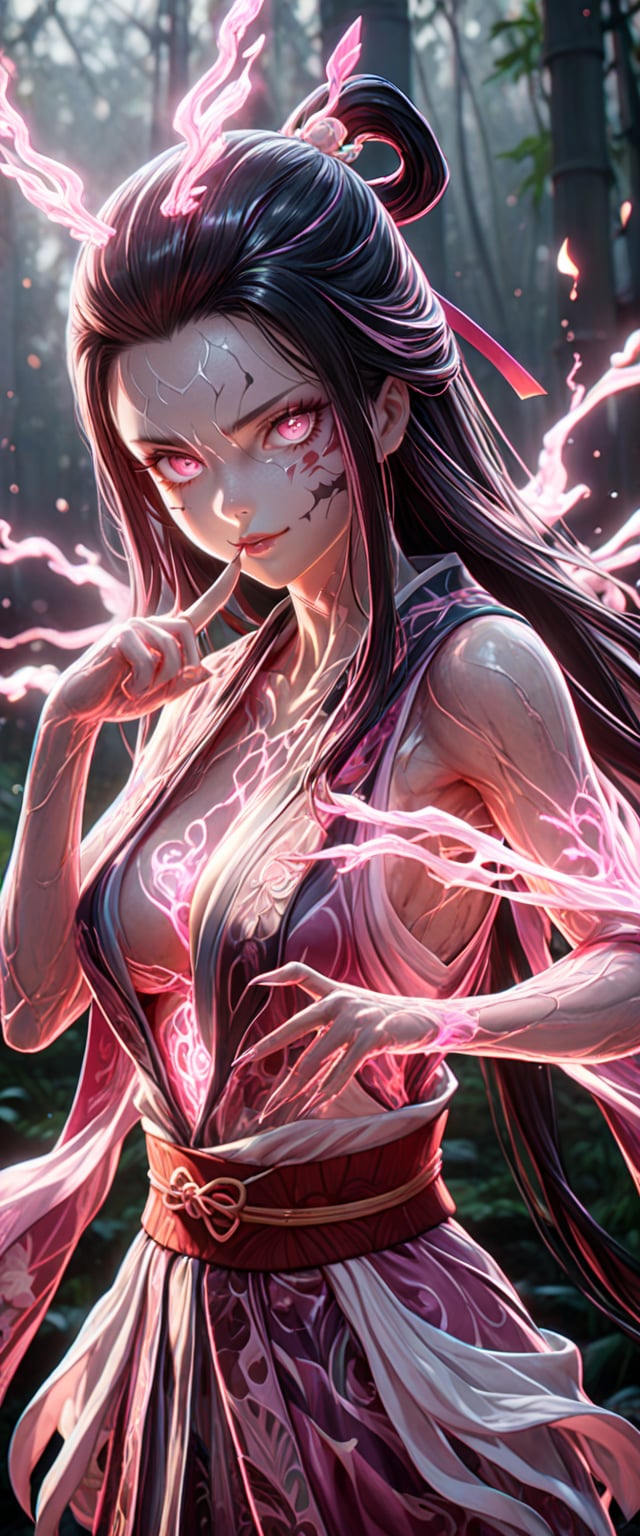 1girl, highly realistic, highly VFX, highly detailed, highly beautiful, highly glowing, highly beautiful, solo, long hair, breasts, looking at viewer, VFX black hair, ribbon, cleavage, medium breasts, hair ribbon, upper body, multicolored hair, VFX japanese clothes, VFX sleeveless, pink eyes, VFX kimono, lips, fingernails, sash, obi, slit pupils, index finger raised, finger to mouth, forehead, VFX pink ribbon, veins, sharp fingernails, VFX pink kimono, dark pink VFX, fill VFX, glowing VFX body, glowing VFX eyes, bamboo, shushing, VFX cracked skin, serious face, VFX glowing body, kamado nezuko