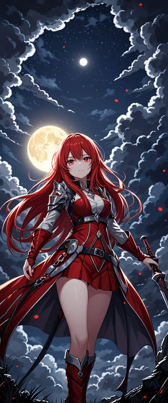 1girl, solo, long hair, weapon, red hair, sky, cloud, night, glowing, moon, night sky, full moon