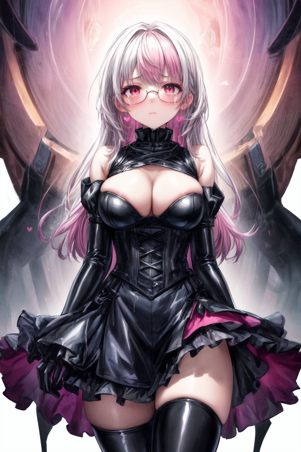 score_9,score_8_up,score_7_up,ClrSkt 1girl, solo, long black gloves, glasses, (((white hair))), red skin, catholic, emo, tears, elbow gloves, embarrassed, long gloves, hearts, long hair, solo, 2.5D, clean artwork, detailed illustration, colorful, 1girl, solo, long black gloves, glasses, (((pink hair))), (((middle aged woman))), catholic, emo, tears, elbow gloves, embarrassed, long gloves, Her dress merges the ornate elegance of Rococo with futuristic cyber elements. The fabric is a mix of rich silks and metallic materials, adorned with elaborate lace and digital patterns that glow subtly. The bodice is detailed with delicate ruffles and cybernetic embellishments, while the skirt flares out in layers enamel latex elbow gloves, latex clothes, latex thighhighboots,cleavage, latex elbow gloves, big_dominant, serious, stern, latex corset. High resolution, extremely detailed, atmospheric scene, masterpiece, best quality, 64k, high quality, (HDR), HQ , very detailed, beautiful and aesthetic, heavy makeup, earrings, (masterpiece, best quality, high resolution, ultra detail), bare shoulders, soft skin, perfectly explained gloved hands, perfectly explained arms,Anis,NSFW,breasts 