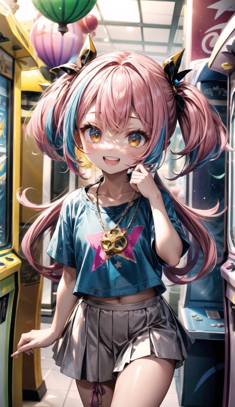 pink hair infused with gold strands, done in playful twin-tails, hazel eyes twinkling with excitement. A star-shaped pendant hangs around her neck. In a bohemian skirt and a chibi-style graphic tee. Inside a lively arcade, captivated by the colorful games, sexy