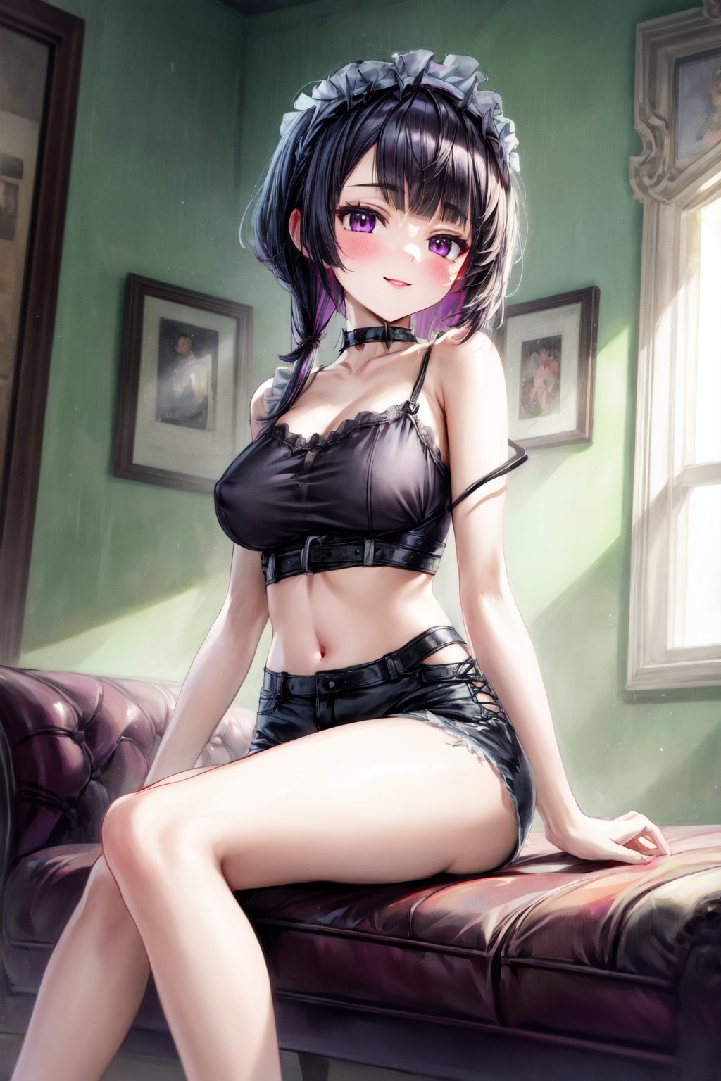 best quality, masterpiece, score_9, score_8_up, score_7_up, 1girl, black hair, purple eyes, long hair, blunt bangs, spaghetti_strap, black dress, (large breasts:0.8), smile, frilled camisole, single strap slip, himecut, shorts, bare shoulder, indoors, sitting on couch,breasts,NSFW,breasts 