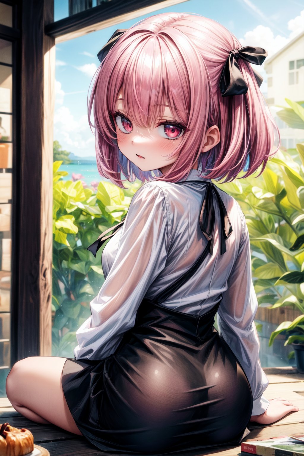 female,(masterpiece, best quality, ultra detailed, absurdres)1.5,white shirt black dress neck ribbon,1girl short hair,demonictech, pink hair, bangs, sitting, from_behind, looking_at_viewer