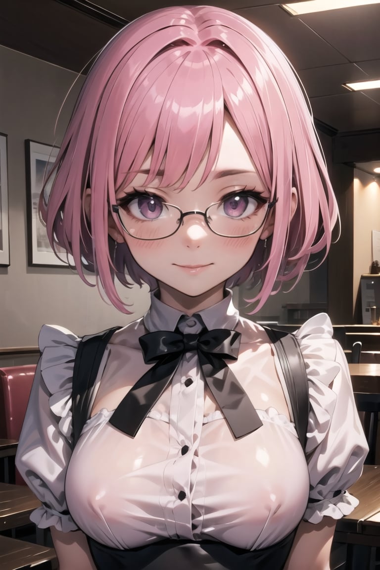 (masterpiece), best quality, high resolution, highly detailed, detailed background, perfect lighting, 1girl, pink hair, short hair, glasses, slender, cafe, maid, medium breasts, smile, blush,