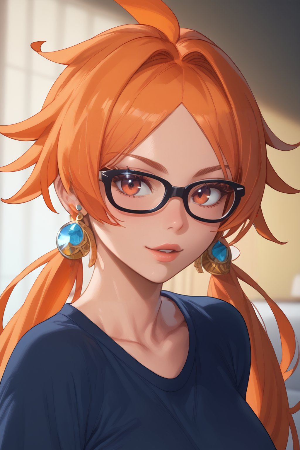 score_9, score_8_up, score_7_up, source_anime BREAK, 1girl, tomboy, earrings, tan,ddeeuussaa, long hair, large breasts, very long hair, ((orange hair)), twintails, ((yellow eyes)), ((orange hair)),((megane)), ((glasses)), earrings