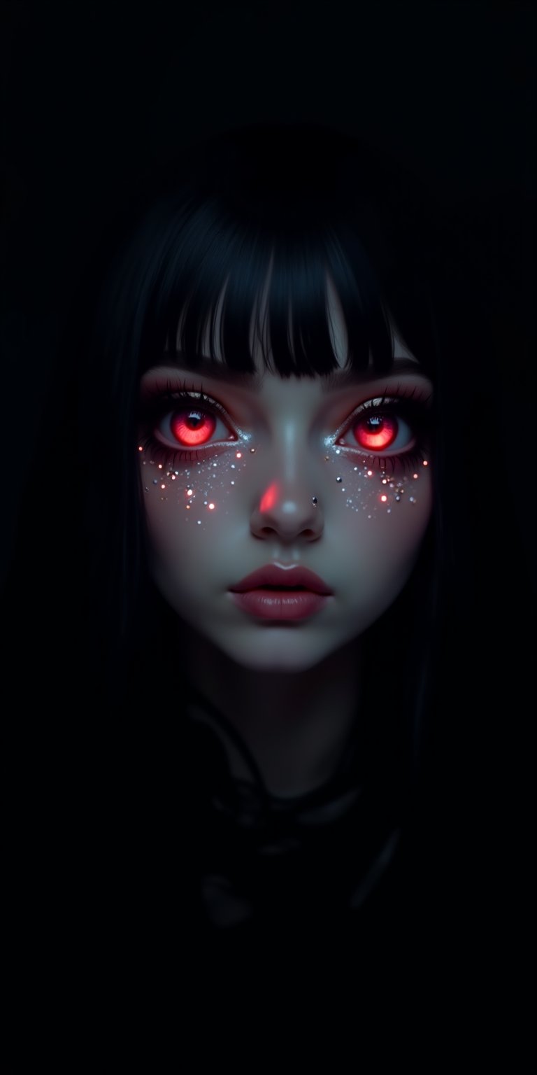 Portrait style, realism, hyper realistic, photography, oil painting, blurry effect, dynamic movement poses, 
.
( Best quality, 4K, 8K, high-resolution, masterpiece, ultra-detailed, photorealistic, a close up of a woman's face with black and white hair, glowing eyes, and lots of glitter, 1girl, long hair, red eyes, jewelry, black hair, blurry, eyelashes, lips, colored skin, depth of field, straight hair, cosmic background, portrait, gem, silver skin. ), 
.
.
Digital illustration, Digital Painting, digital art style, full body, fantasy detailers, more details, oil painting effect, fantasy art style,