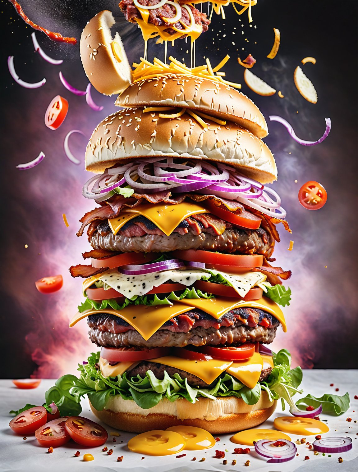 Photo of deconstructed bacon burger layered eruption with ingredients floating in the air, hamburger buns, bacon, ground steak, salad, tomatoes, red onions, cheddar cheese slices, ketchup, dynamic food, appetizing and fresh elements, in studio, Upper right white lighting, shot with Canon EOS R5.