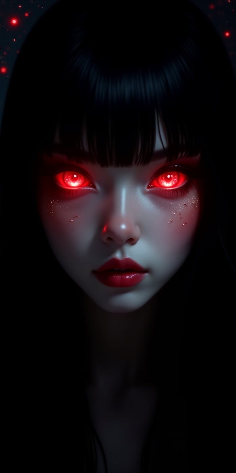 Portrait style, realism, hyper realistic, photography, oil painting, blurry effect, dynamic movement poses, 
.
( Best quality, 4K, 8K, high-resolution, masterpiece, ultra-detailed, photorealistic, a close up of a woman's face with black and white hair, glowing eyes, and lots of glitter, 1girl, long hair, red eyes, jewelry, black hair, blurry, eyelashes, lips, colored skin, depth of field, straight hair, cosmic background, portrait, gem, silver skin. ), 
.
.
Digital illustration, Digital Painting, digital art style, full body, fantasy detailers, more details, oil painting effect, fantasy art style,