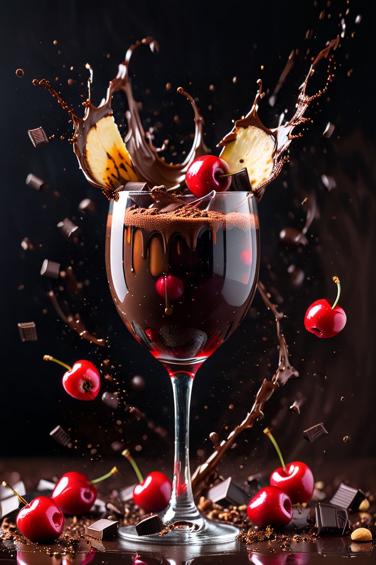 a photograph of a wine glass, maraschino cherries , hundreds and thousands, pieces of chocolate, sprinkles, wafers , dark chocolate sauce, hazle nuts, mint leaves, splashing dark chocolate sauce, in a gradient Cherry  coloured background, fluid motion, dynamic movement, cinematic lighting, palette knife, digital artwork by Beksinski,action shot,sweetscape, 3D, oversized fruit, caramel theme, art by Klimt, airbrush art, food photography, food explosion, 