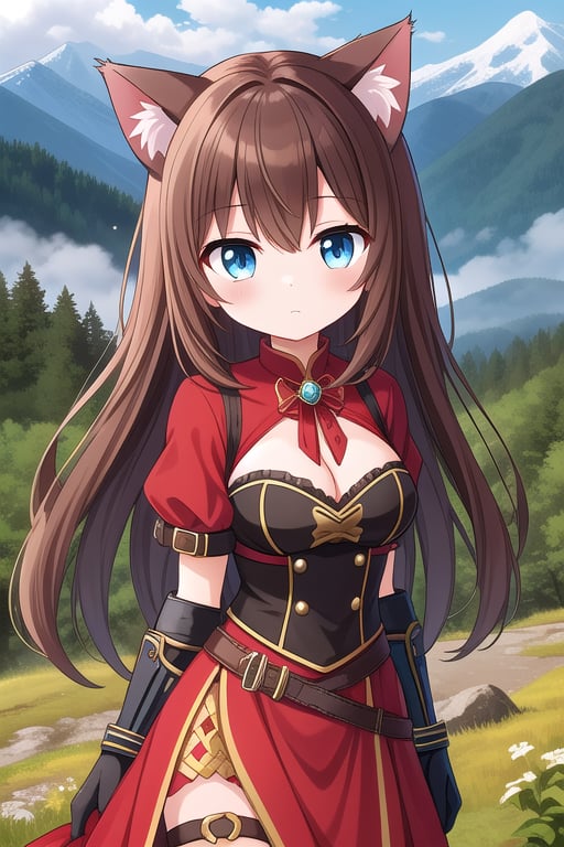 Adventurer Girl, Lush Hair, Medium-Long Brown hair, Beautiful Blue Eyes, Petite yet busty figure, Natural Cat Ears, red and black Adventurer gear, reinforced arm guards, Gold accents, Forest mountain background, determined expression,