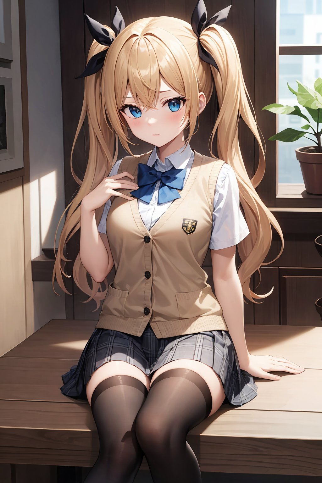 absurdres, absolutely resolution, incredibly absurdres, highres, ultra detailed, official art, unity 8k wallpaper,
BREAK
1 girl, soro, twintails, long hair, blonde hair, bow, beige cardigan vest, short sleeve shirt, plaid skirt, over black legwear, blue eyes,
