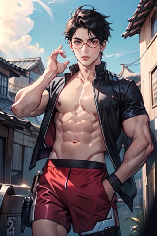 alone, konoha village background, 1 boy, male focus, black hair, muscular, sarada uchiha features, male, Gafas, shirtless 