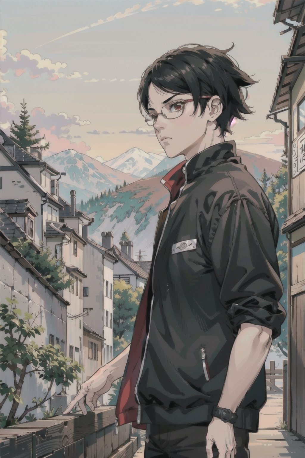 solo, fondo de la aldea konoha, 1 hombre adulto, cinta de konoha, enfoque masculino, fondo degradado, gafas, cabello negro, características de sarada uchiha,poco músculos, Anime boruto, El Protector de Frente, uchiha 