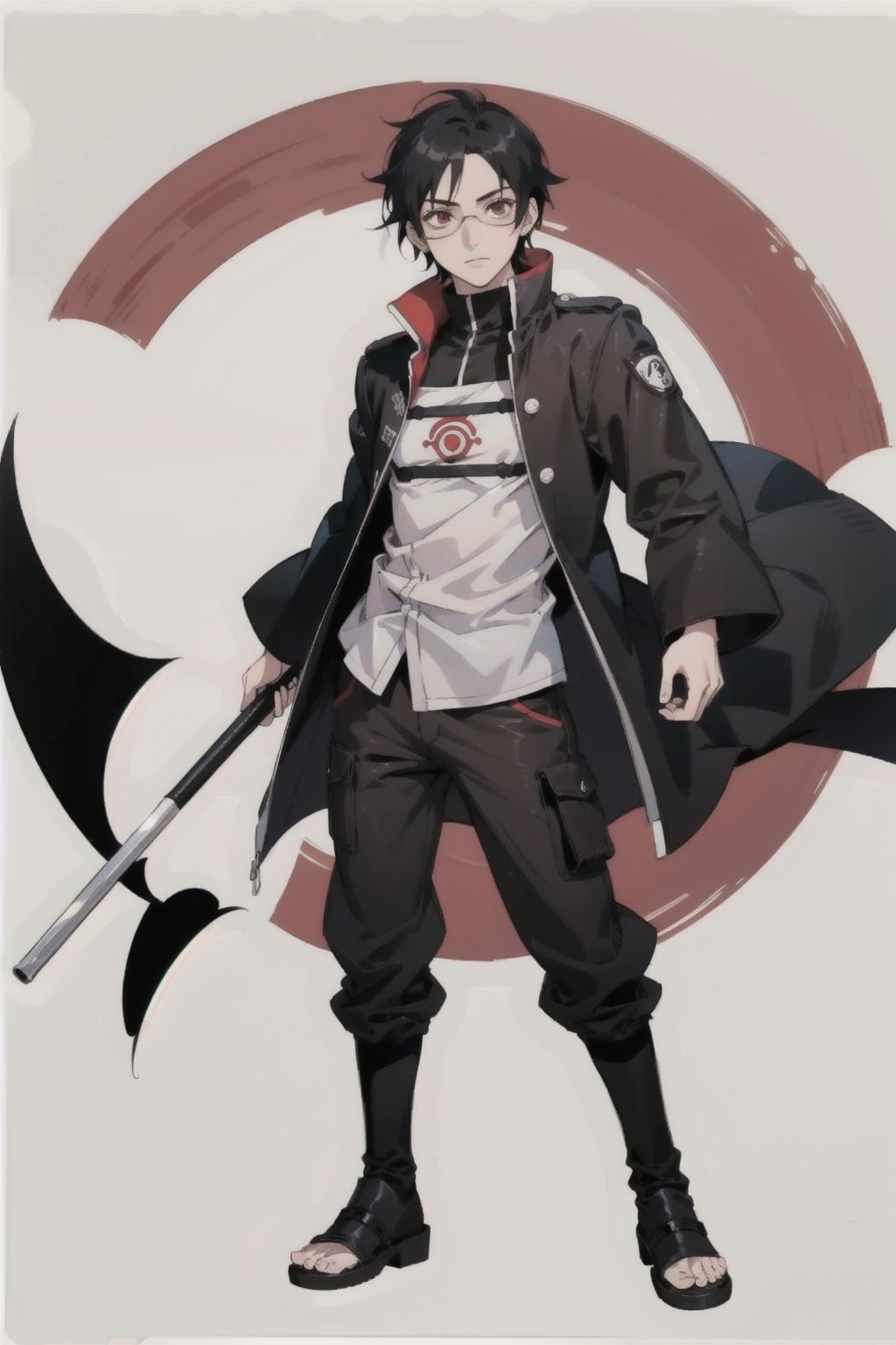 solo, fondo de la aldea konoha, mangas cortas, 1 hombreadulto, enfoque masculino, pantalones oscuros,,gafas, cabello negro, características de sarada uchiha, logo del clan uchiha,masculino 