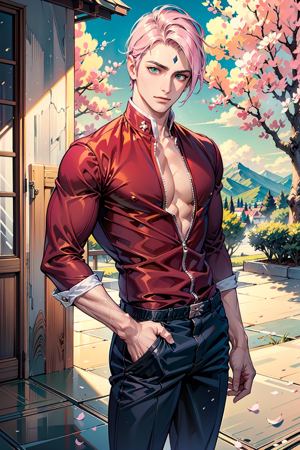 solo, fondo de la aldea konoha, mangas cortas, 1 hombre adulto, enfoque masculino, pantalones oscuros, cabello rosado, musculoso, características de  sakura haruno,sexy