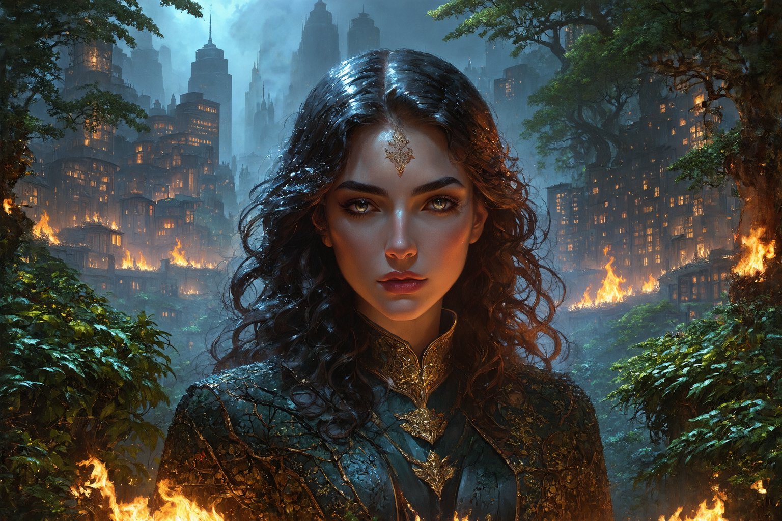 masterpiece scenery, Hyperrealistic, stunning overgrown city, high detail, intricate textures, dark surrounding, low light, nighttime setting, realistic shadows, ethereal, vibrant colors, dreamlike atmosphere, captivating expression, magical forest background, fiery glow, enchanted lighting, soft, ethereal glow around the figure, delicate and detailed facial features, golden light, intricate patterns in the background