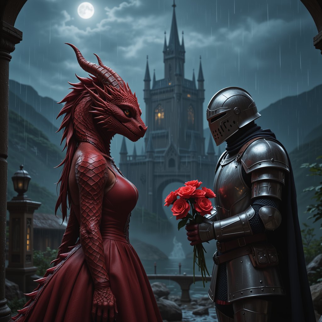 Realistic style, sexy red dragon with horns is an anthro female standing on the left in dress looking with admiration at flowers. A knight man in a helmet ans sci fi armor stands to the right and holds flowers to the dragon girl. Background castle at night in rain. Dramatic volumetric light. Moon light.