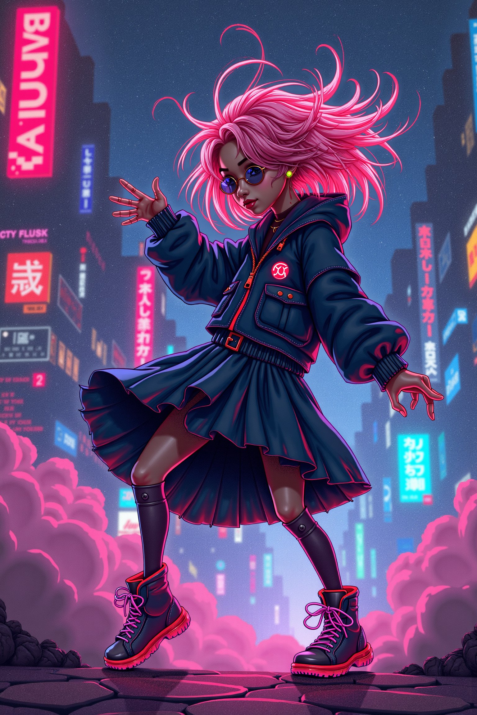 a detailed illustration in cartoon style of a lucy_flux, a girl dancing, cyberpunk