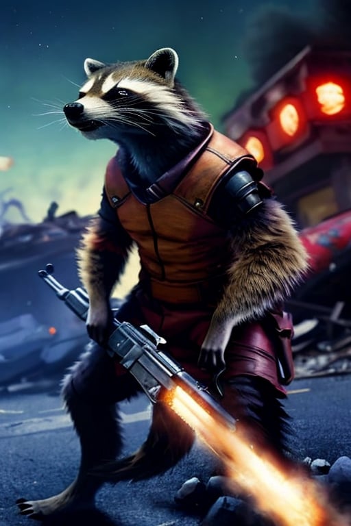 In a futuristic nocturnal landscape, a medium-sized raccoon emerges with determination. His bright eyes reflect cunning and courage as he firmly holds an AK-47 rifle in his hands. Around him lie the bodies of his comrades, silent witnesses to the devastation caused by his own hand. With a defiant stance, the raccoon appears to be the perpetrator of the massacre in this dystopian world, ready to face the consequences of his actions and challenge the oppressive forces of the future.,Godzilla,girl,dual pistols,ancient egyptian clothes,DonMn1ghtm4reXL,DonM3v1lM4dn355XL ,pistol,Rocket Raccoon,fight scene 

In the darkness, a lone raccoon stands amidst the heap of chaos and blood, holding a bloodied knife in its hands. Its gaze reflects madness and determination amidst the desolation, while around it lie the lifeless bodies of other raccoons.