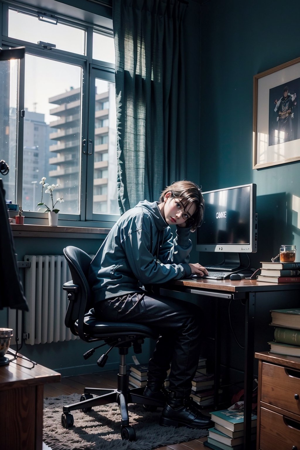 From an oblique perspective, a teenage boy is seen sitting in his medium-sized room, next to his desk, in a black gaming chair. He's wearing black hip-hop-style pants and a white sweater. Despite the blue light filling the room, his glasses are visible. His hair is brown with black tones, and his skin tone is medium brown, not too dark. The teenager is focused on his screen, with a relaxed yet attentive posture. On the walls, various anime posters with a cyberpunk style add vibrancy to the room. On the other side of the room, there's a dresser with stacked books and a pack of cigarettes. Right next to the dresser, the bed is adorned with a small rug. Despite it being night, the room seems lively thanks to the blue lightinglighting,scenery,TechStreetwear,nodf_lora,IncrsPajChal