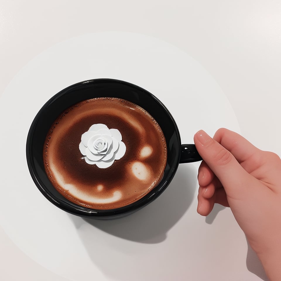 The background is a blank sheet of paper, an abstract black and white painting:  a cup coffee with one rose and one hand beside,no humans.