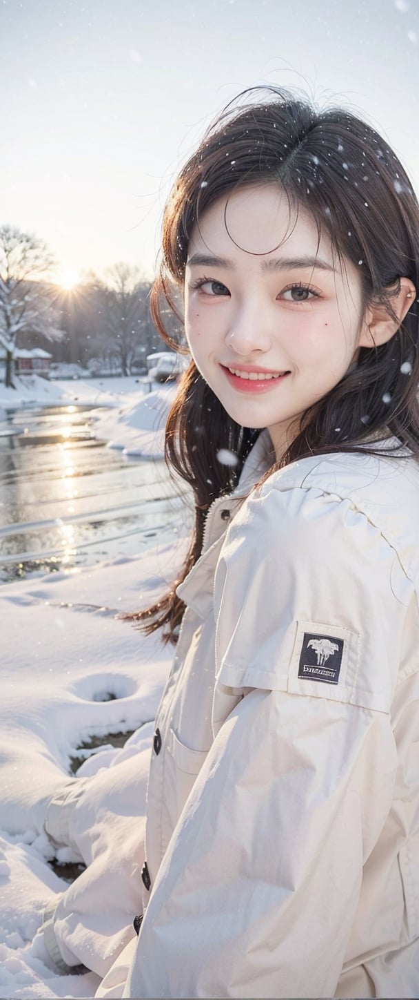 woman posing, 20yo, winter, outdoors,  suggestive smile, dark long hair, pale skin, sunset, snow, snowing