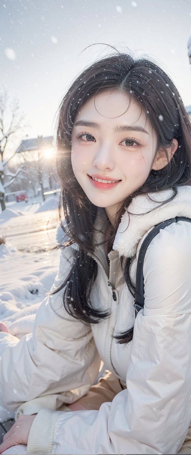 woman posing, 20yo, winter, outdoors,  suggestive smile, dark long hair, pale skin, sunset, snowing
