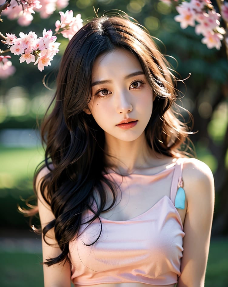 1girl, solo, long hair, looking at viewer, wavy hair, closed mouth, half body, wide shot, cinematic lighting, spring, sakura, sky, black eyes, lips, cosplay, hand on own face, realistic, pink top