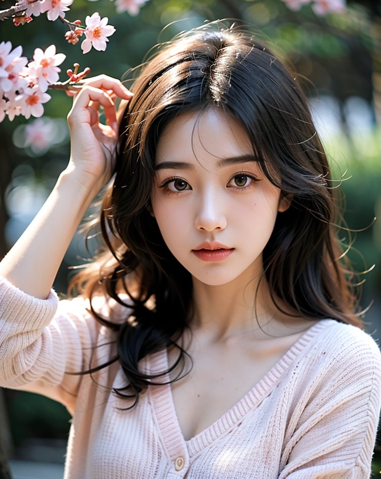 1girl, solo, long hair, looking at viewer, wavy hair, closed mouth, wide shot, cinematic lighting, spring, sakura, sky, black eyes, lips, cosplay, hand on own face, realistic, pink sweater