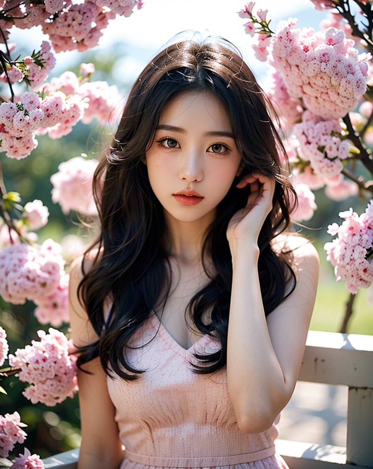 1girl, solo, long hair, looking at viewer, wavy hair, closed mouth, wide shot, cinematic lighting, spring, cherry blosom, sky, black eyes, lips, cosplay, hand on own face, realistic, pink