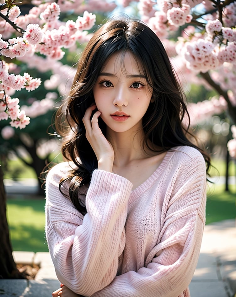 1girl, solo, long hair, looking at viewer, wavy hair, closed mouth, wide shot, cinematic lighting, spring, sakura, sky, black eyes, lips, cosplay, hand on own face, realistic, pink sweater