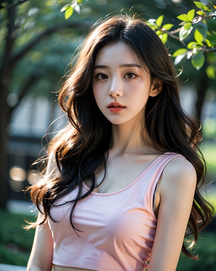 1girl, solo, long hair, looking at viewer, wavy hair, closed mouth, half body, wide shot, cinematic lighting, spring, sky, black eyes, lips, cosplay, realistic, pink top