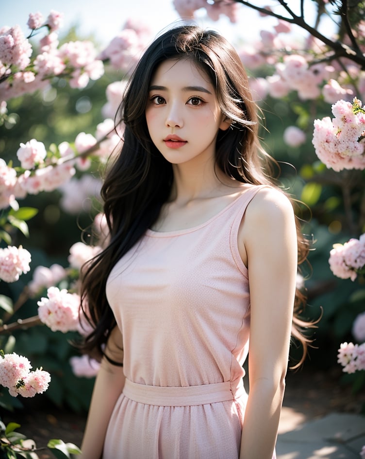 1girl, solo, long hair, looking at viewer, wavy hair, closed mouth, half body, wide shot, cinematic lighting, spring, sky, black eyes, lips, cosplay, realistic, pink top