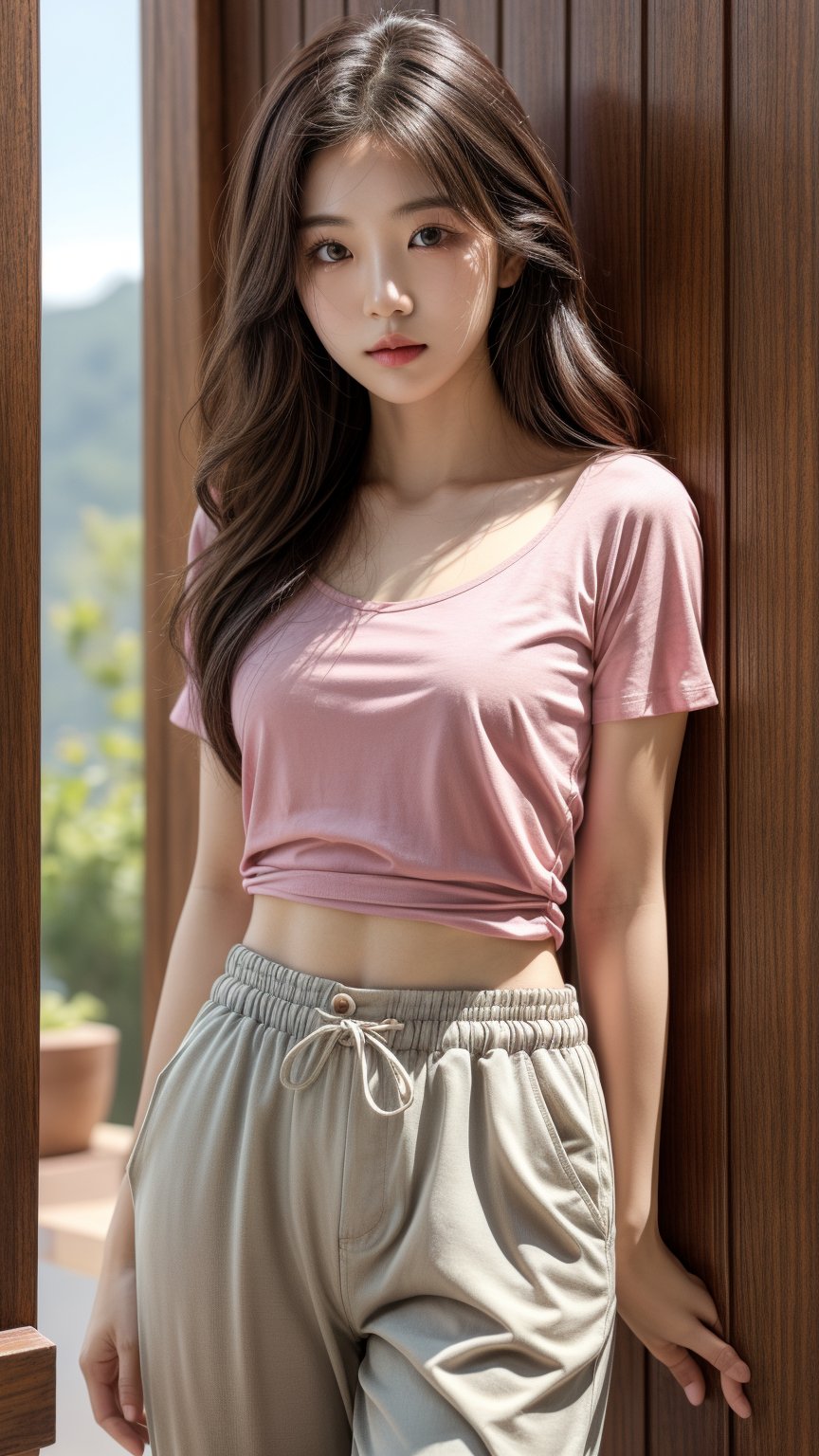 High_resolution, highly_detailed, realistic photograph, soft_lighting, 1girl, young shy korean girl, detailed_face, 170cm tall, model photoshoot, realisitic, wearing pink slevelessshirt and highwaistpants, cute, nape, soft colour, natural_setting, closed_mouth, hairstyle_longwavy, cool vibes, real world location, 3d background,realhands, perfect body proportion, slim figure,1 girl, normal arms_length, normal_neck, small beast size