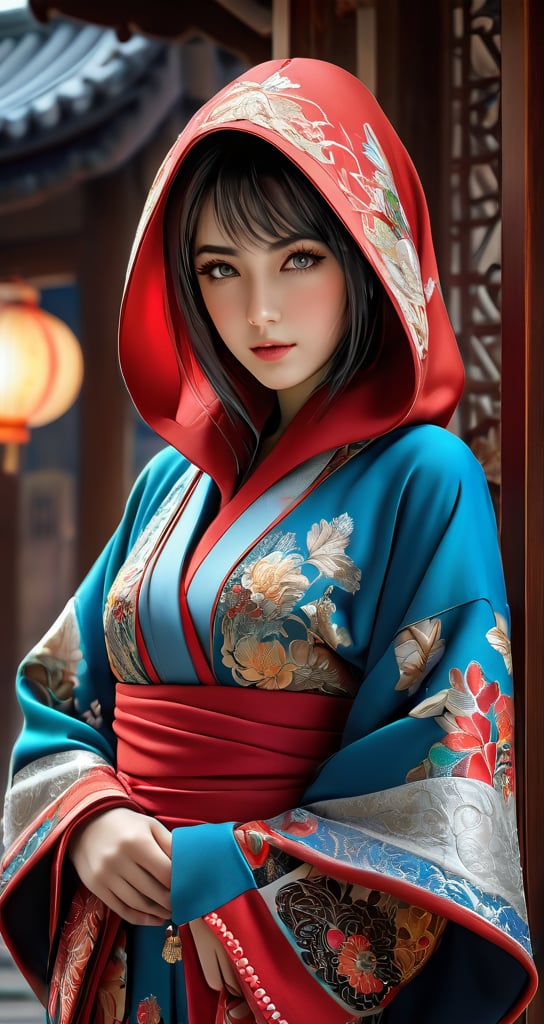 Hijab stylized anime, and blue eyes, with detailed ornate fur hooded kimono, red hooded kimono, miniskirt, fantasypunk. Cinematic lighting, ethereal light, intricate details, extremely detailed, incredible details, full colored, complex details, insanely detailed and intricate, hyper maximalist, extremely detailed with rich colors. masterpiece, best quality, HDR, UHD, unreal engine. Representative, fair skin, rich in details High quality, gorgeous, 8k, super detail, gorgeous light and shadow, detailed decoration, detailed lines,glitter