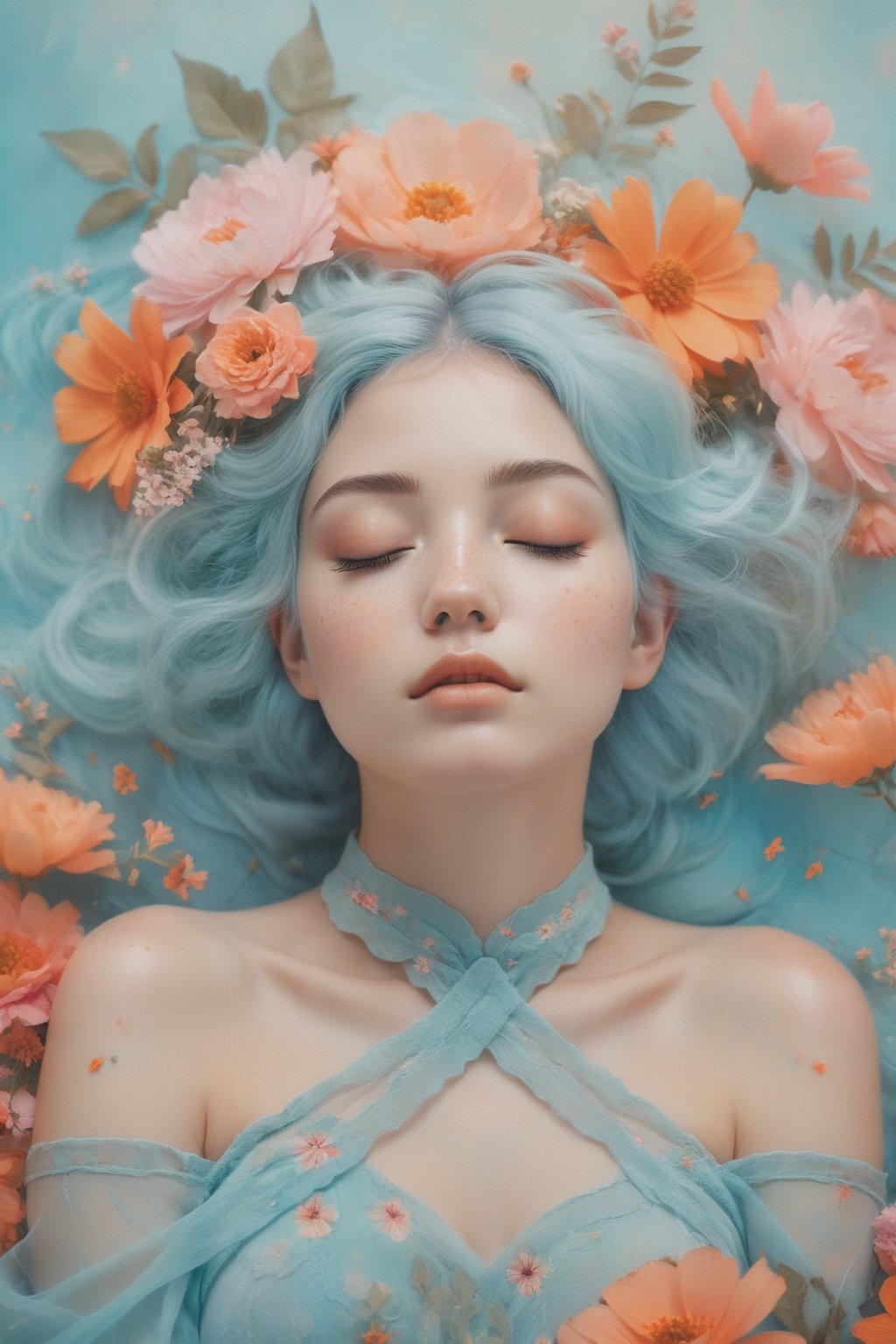 Create an image of a young woman with closed eyes, her face adorned with freckles and delicate floral patterns. She has light blue hair intertwined with vibrant orange and pink flowers. The background is a dreamy, soft-focus blend of complementary colors, with more flowers floating around her, creating an otherworldly, serene atmosphere.