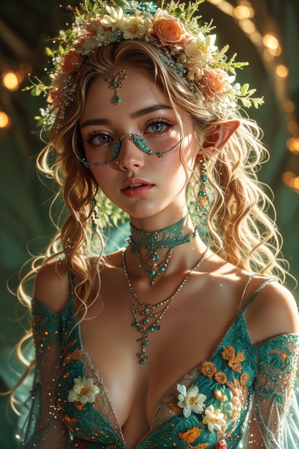 A close-up portrait of a young elf woman with fair skin and numerous freckles. She has striking blue eyes and wears round, wire-framed glasses. Her blonde hair is styled with decorative braids and beads, adorned with a headscarf. She is wearing intricate, fantasy-themed jewelry, including earrings, a necklace, and a choker. The background is softly blurred, emphasizing her detailed facial features and fantasy-themed accessories.