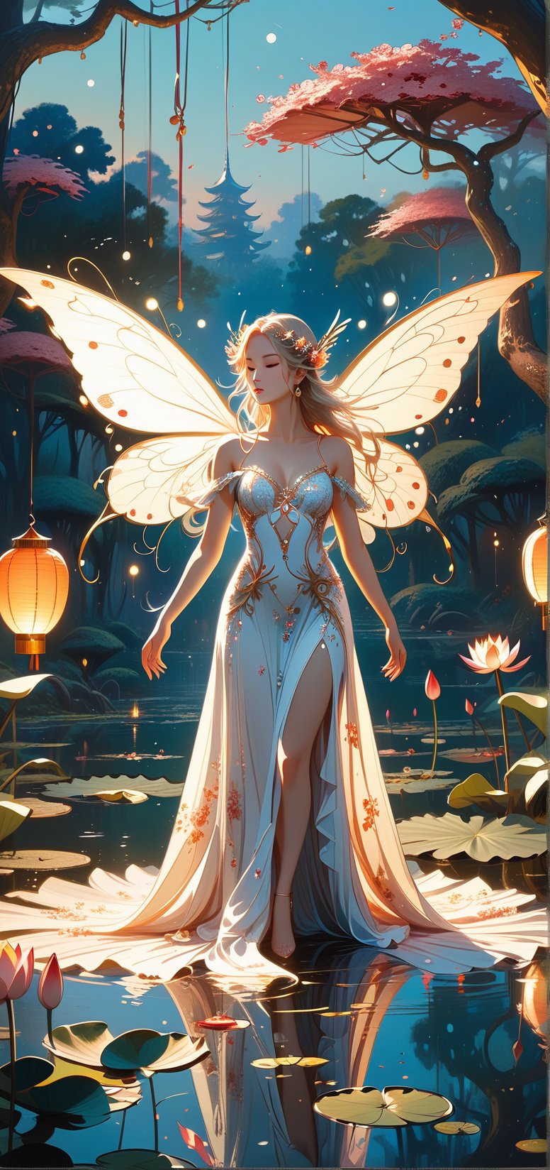 "A high-resolution fantasy illustration of a mystical forest at dusk. The scene includes a fairy with intricate wings and a flowing gown, standing on a pond filled with floating lily pads and blooming lotus flowers. The atmosphere is magical, with soft lighting and lanterns hanging from twisted tree branches, casting a warm glow over the serene water."