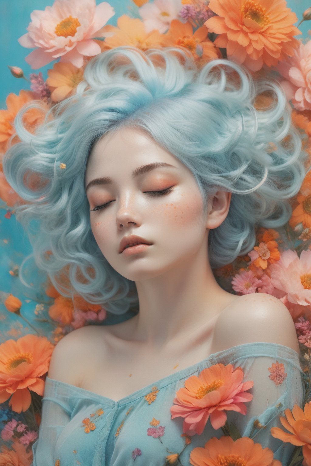 Create an image of a young woman with closed eyes, her face adorned with freckles and delicate floral patterns. She has light blue hair intertwined with vibrant orange and pink flowers. The background is a dreamy, soft-focus blend of complementary colors, with more flowers floating around her, creating an otherworldly, serene atmosphere.