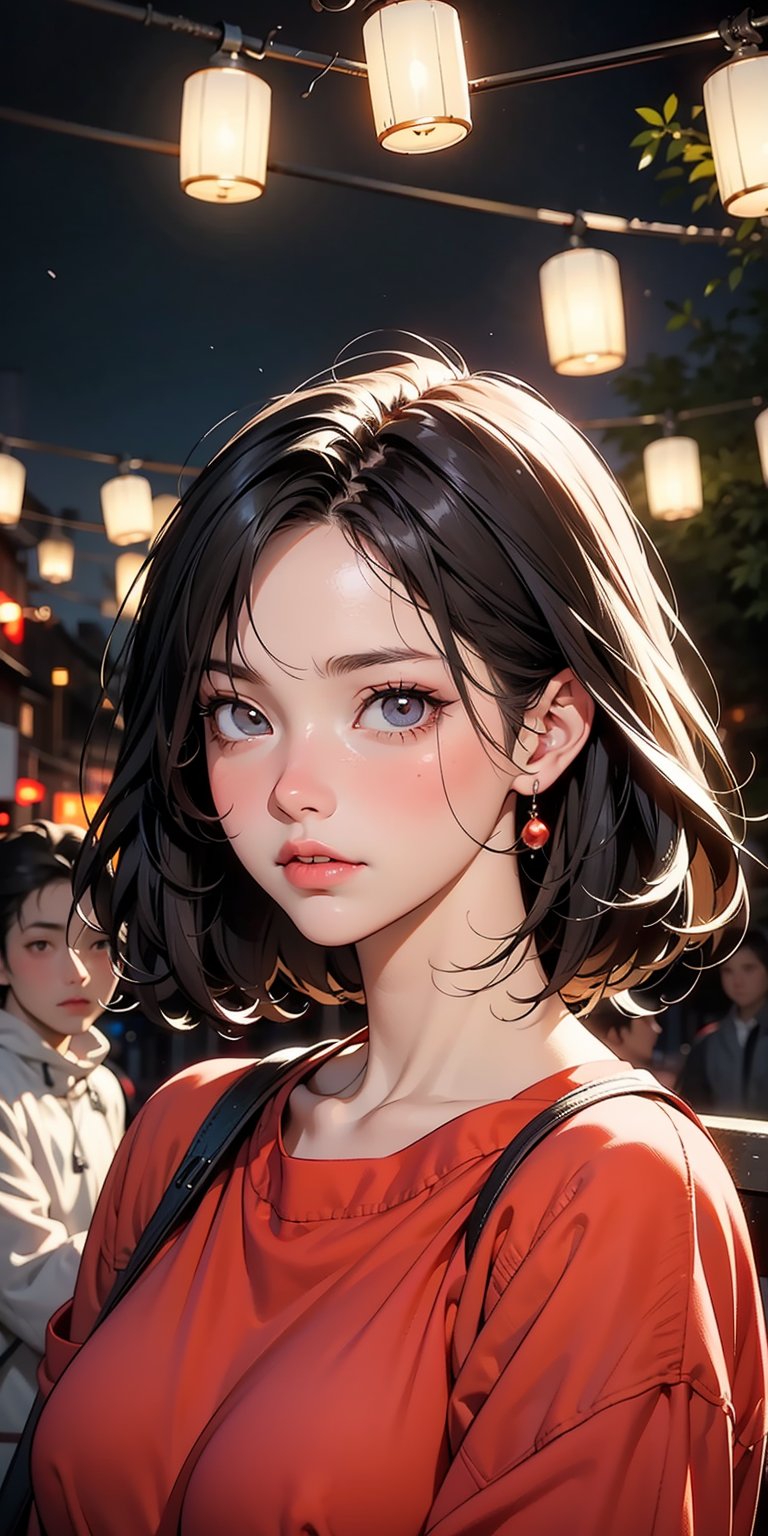 Create an anime-style portrait of a young woman with short, dark hair and large, expressive eyes. She has a soft and slightly melancholic expression with her lips slightly parted. She is wearing a red top. The background is blurred but suggests a nighttime scene with warm lights, possibly from lanterns or streetlights, creating a cozy and inviting atmosphere."