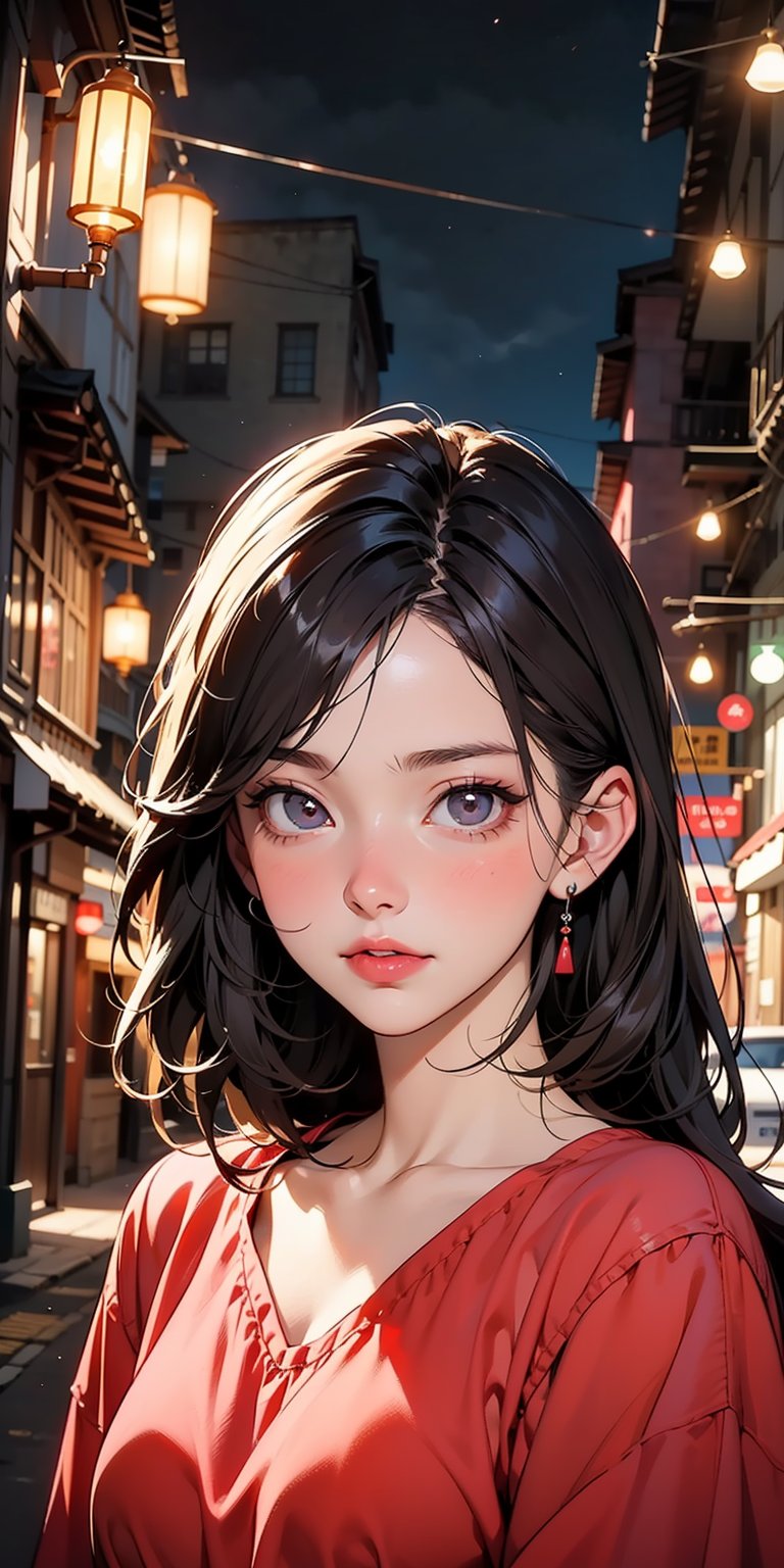 Create an anime-style portrait of a young woman with short, dark hair and large, expressive eyes. She has a soft and slightly melancholic expression with her lips slightly parted. She is wearing a red top. The background is blurred but suggests a nighttime scene with warm lights, possibly from lanterns or streetlights, creating a cozy and inviting atmosphere."