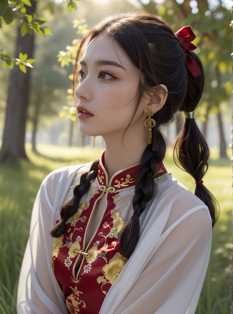 A young girl with large, expressive eyes stands amidst tall, sunlit grass. She has intricate red markings on her face and wears a traditional, ornate red cheongsam with golden embroidery. Her hair is styled in two braided pigtails adorned with red ribbons, and she has delicate, dangling earrings. The scene is set in a vibrant, glowing atmosphere, with sunlight filtering through the grass, casting a warm and ethereal light."