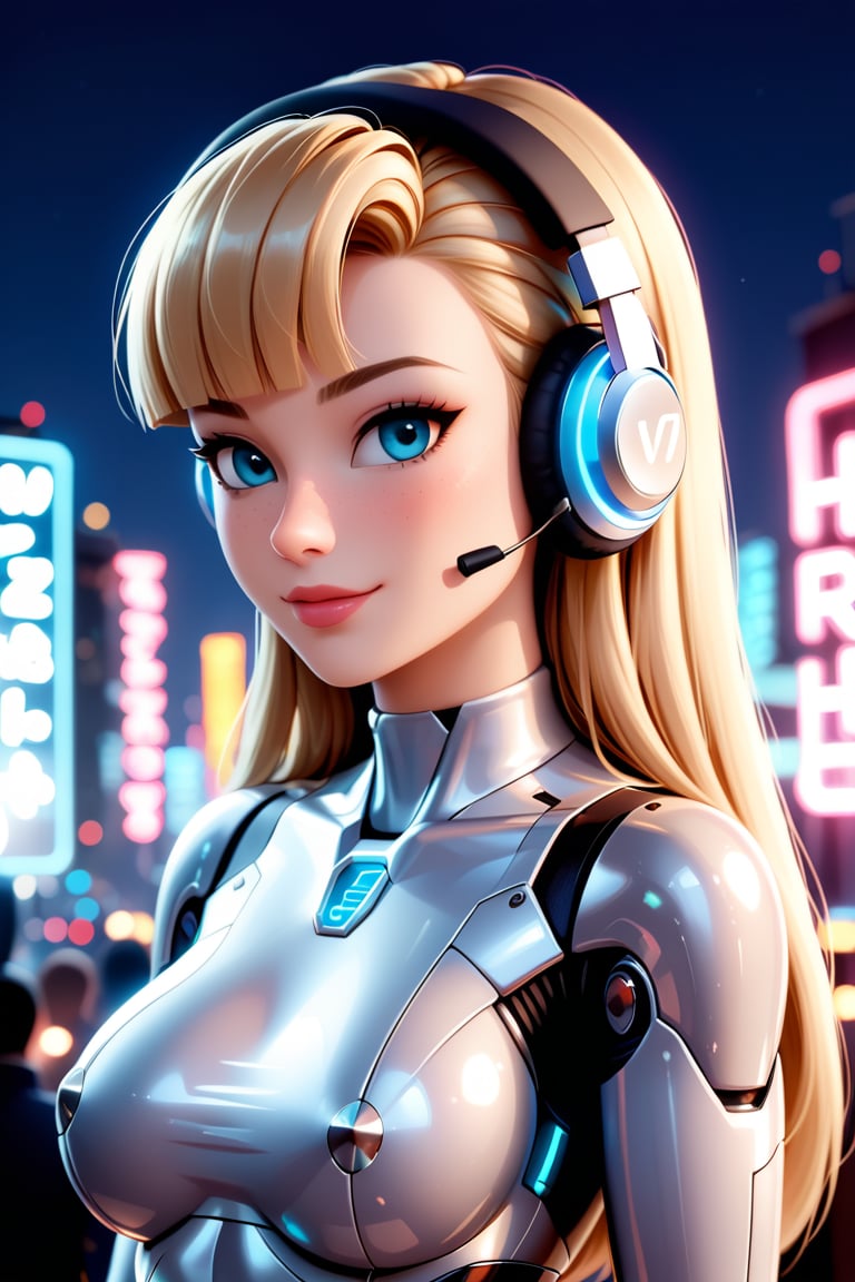 A highly detailed and futuristic humanoid robot with a feminine appearance. The robot has a sleek white exterior with metallic accents, and glowing red and blue lights around its head and neck area. It wears large, circular headphones with neon lights. The robot's face is designed to look very human-like, with soft features, blue eyes, and freckles. The background is a busy indoor tech expo with out-of-focus people and bright lights.