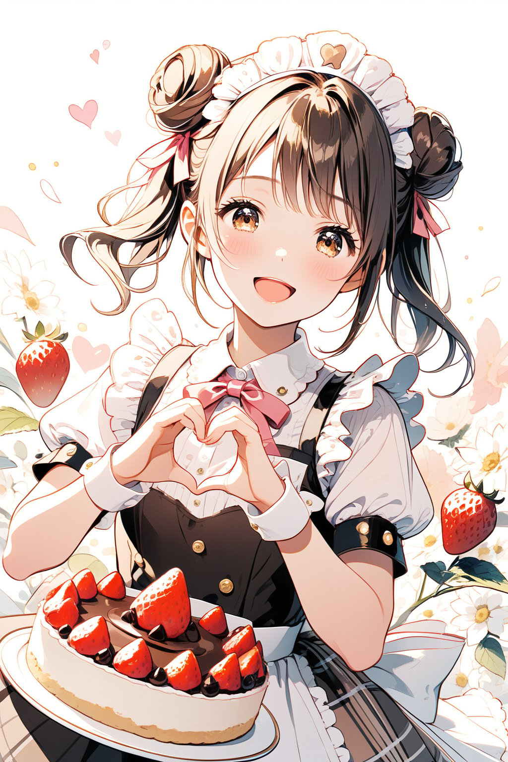 1girl, solo, looking at viewer, blush, smile, open mouth, bangs, brown hair, gloves, dress, bow, ribbon, twintails, brown eyes, hair ribbon, upper body, short sleeves, :d, heart, frills, food, fingerless gloves, hair bun, blurry, plaid, maid headdress, double bun, fruit, short twintails, pink bow, pink ribbon, cake, chocolate, strawberry, brown dress, heart hands, plaid dress, sonoda chiyoko