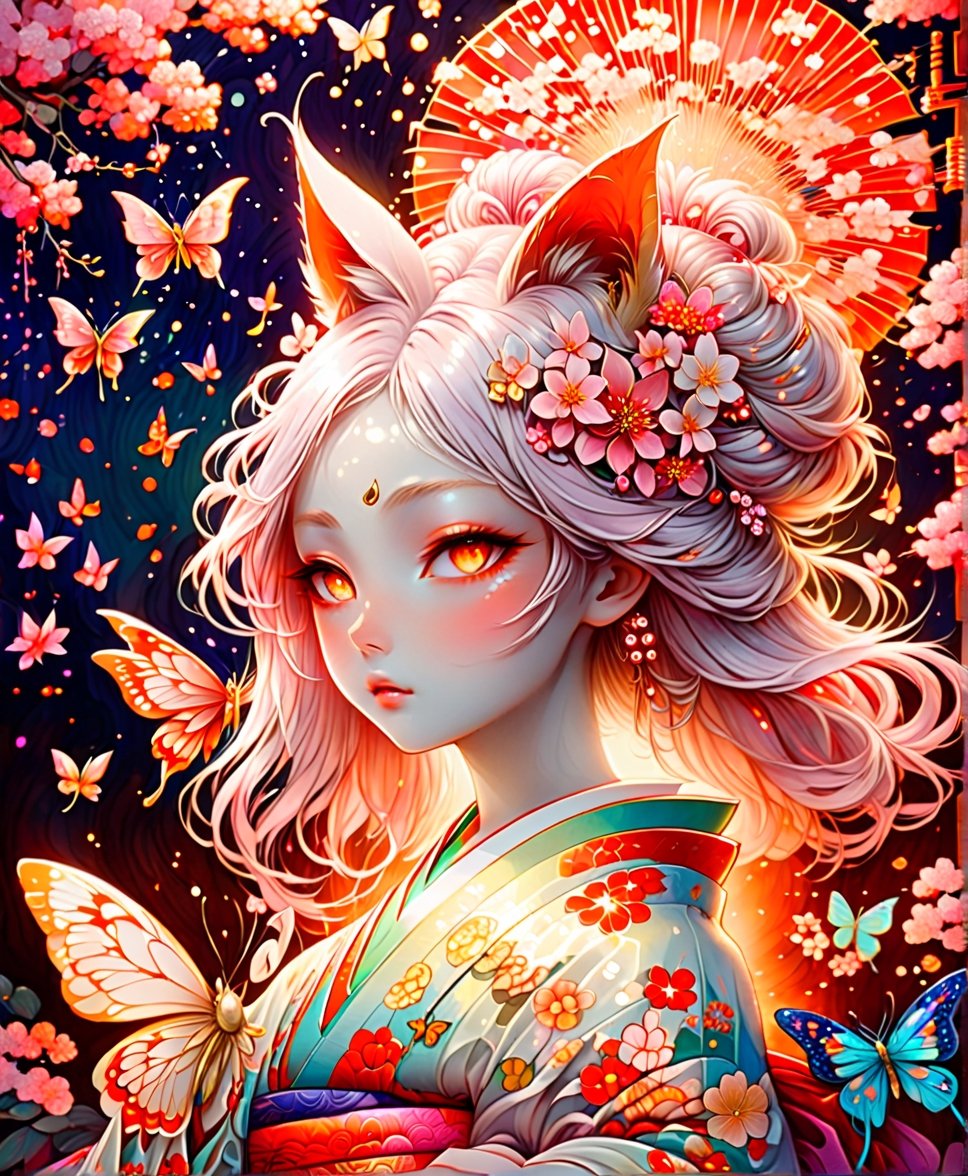 Black and white line drawing, 8k high resolution, ultra-high resolution picture quality, mysterious and weird atmosphere, masterpiece, boutique, aesthetic, 1girl, solo, sexy, 20-year-old woman, demon fox, vixen, butterfly hair accessories, long colored hair, nudity Shoulders, coquettish and sexy close-fitting kimono, kimono with blooming cherry blossom pattern, tiptoes, purple eyes, night, there are many cherry blossoms around, sparkling light spots, huge torii shrine, glowing fireflies, beautiful woman, Simple watercolor background (center), very detailed,japan,glitter